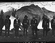 Cover image of Identified on photo as (L-R) Swampy (Cree), Hector Crawler, Jacob Twoyoungmen, John Bearspaw, Peter Wesley, Amos Bigstoney, John Mark